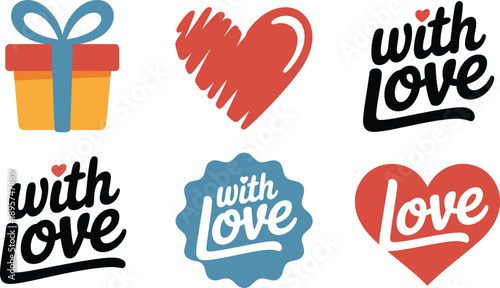 Various with love messages, heart icons, and gift box, romantic celebration elements, flat vector illustration