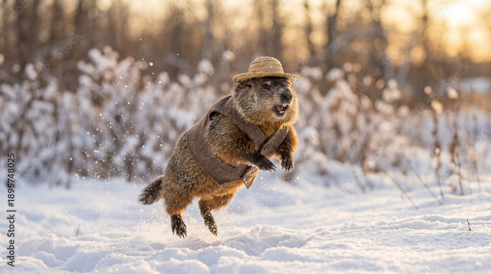 Obraz premium Groundhog Day celebration cute animal wearing farmer vest hat jumping playfully winter snow action moment for holiday greeting cards seasonal marketing wildlife photography editorial magazine content