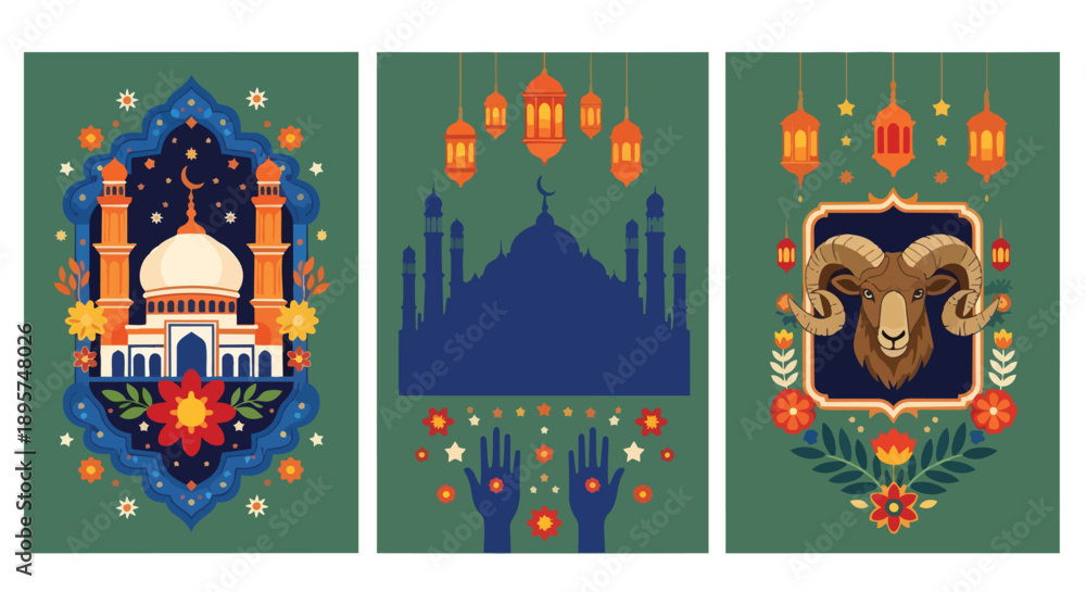 Obraz premium Islamic Art Triptych Mosque Lanterns and Ram Head Decorations