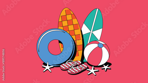 Surfboards, beach ball, swimming ring, flip flops, starfish, summer holiday essentials, ocean accessories