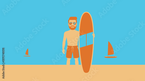 Surfer man on beach, bearded guy with sunglasses, standing with surfboard, distant sailboats, summer watersports