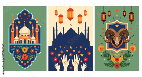 Islamic and Eid Greetings with Traditional Motifs