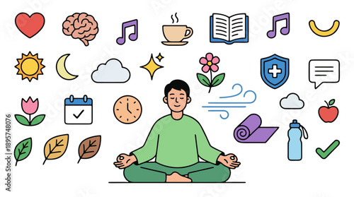 Mental Health and Self Care Concept Illustration with Meditation Character and Wellness Icons