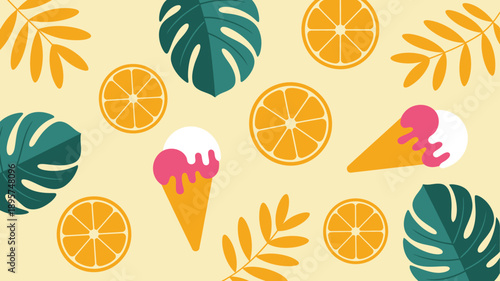 Sweet summer tropical pattern with refreshing ice cream cones orange slices and exotic leaves