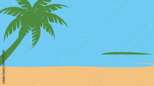 Tropical beach landscape with green palm tree silhouette, sandy shore, blue sky
