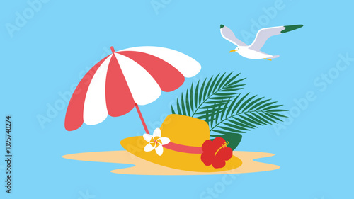Tropical beach vacation hat, summer holiday umbrella, flying seagull, vibrant seaside accessory illustration