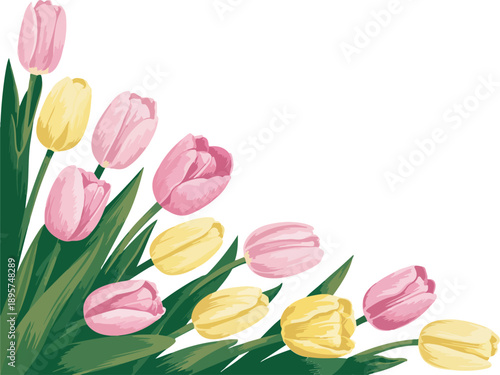 A digital illustration of a corner border design featuring pink and yellow tulips against a pure white background.