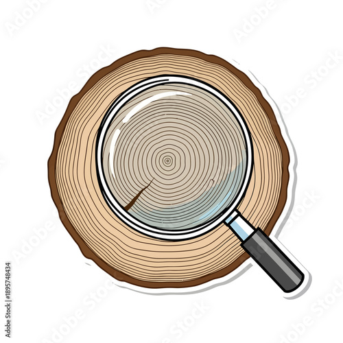 Magnifying glass examining a cross-section of a tree trunk from a top-down viewpoint