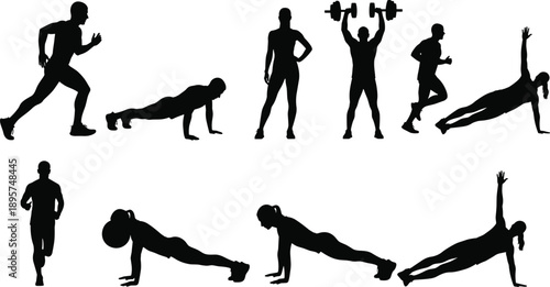 Set of gym fitness silhouettes, people training with weights and running, men and women doing pushups and planks, workout exercise icons, vector illustration.