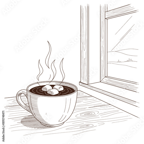 Steaming hot chocolate in a cup on a wooden table beside an open window with a scenic landscape view