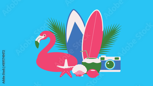 Tropical summer beach vacation composition with flamingo, surfboards, coconut drink, and camera