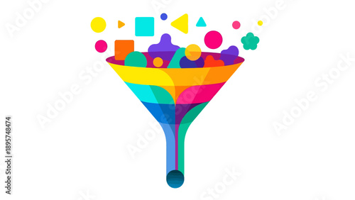 Colorful shapes pouring out of a funnel, creating a vibrant illustration scene from a front viewpoint