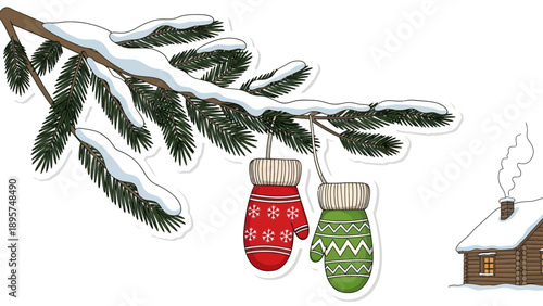 Mittens hanging from a snowy fir branch near a winter cabin illustration
