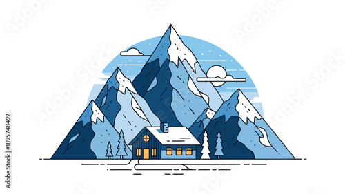 Serene mountain landscape illustration featuring a cozy cabin surrounded by snow-capped peaks and trees from a distant viewpoint