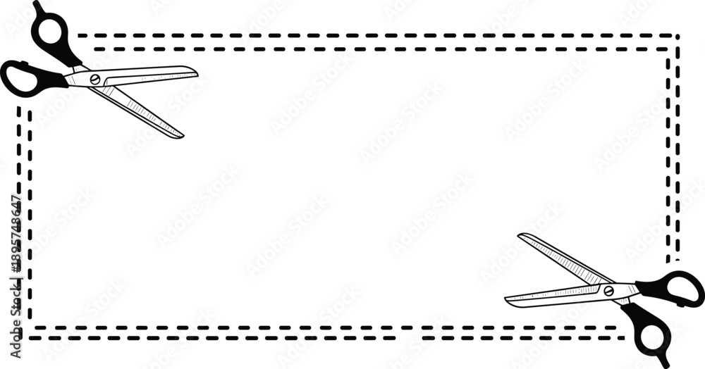Fototapeta premium Cut-out coupon frame icon with dashed border and scissors for craft, voucher, or instructional design content