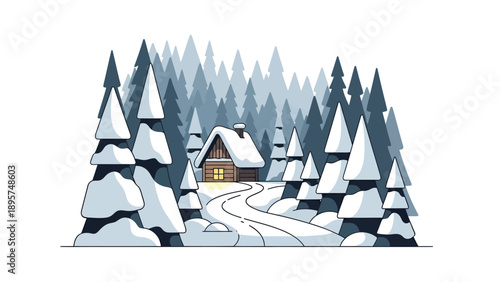 A serene winter landscape illustration featuring a cozy cabin surrounded by snow-covered trees in a forest