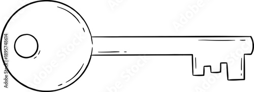 Classic key icon in black line style representing security, access, and mechanical locking design content