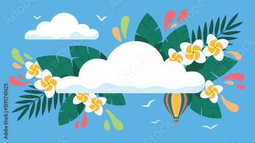 Tropical summer sky scene with fluffy clouds, plumeria flowers, palm leaves and hot air balloon