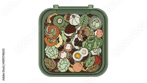 Assorted vegetables and eggs in a green lunchbox viewed from above