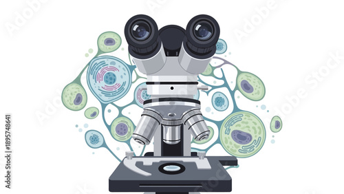 Microscope examining cells and microorganisms in a laboratory setting from a front viewpoint