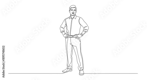 Man standing with hands on hips in a simple line drawing style.