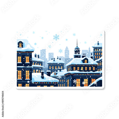 Snow-covered buildings illuminated at dusk in a serene winter landscape scene viewed from a slight elevation