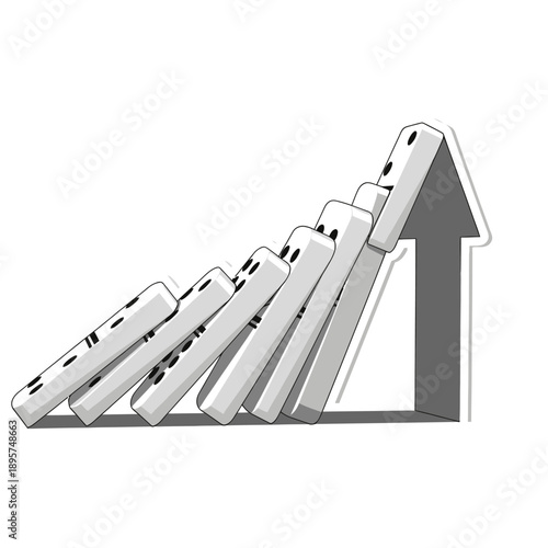 Dominoes falling in sequence with upward arrow illustration depicting growth and success concept