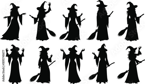 Set of Halloween witch silhouettes, female sorceress figures with broomsticks and pointed hats, spooky magic characters collection, wizard woman vector illustration, fantasy, dark.