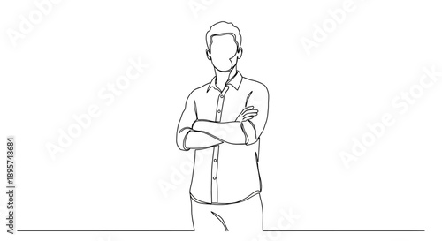 Man wearing headset with arms crossed in a line drawing.