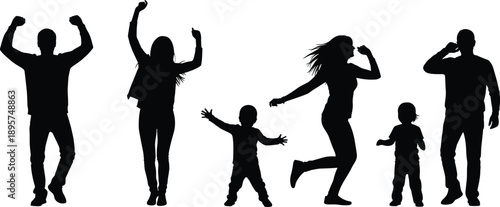 Set of happy family silhouettes jumping and dancing together, joyful people and children celebrating success, active group of diverse figures vector illustration,