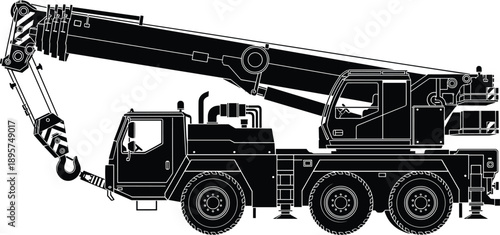 Set of heavy construction equipment silhouettes featuring a large industrial mobile crane truck with telescopic boom, hook, and wheels for engineering and building,
