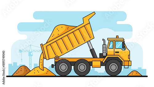 A large yellow dump truck pouring sand at a construction site with cranes in the background