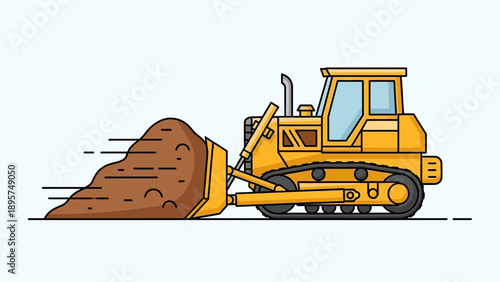 Heavy Machinery Bulldozer Moving Large Pile of Soil on Construction Site