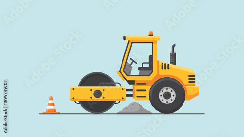 Heavy machinery operating on a construction site with a steamroller and cones, viewed from the side.