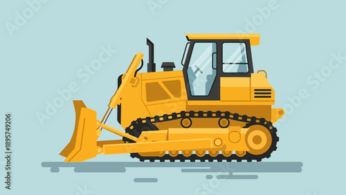 Heavy machinery bulldozer operating in construction site environment viewed from side angle illustration