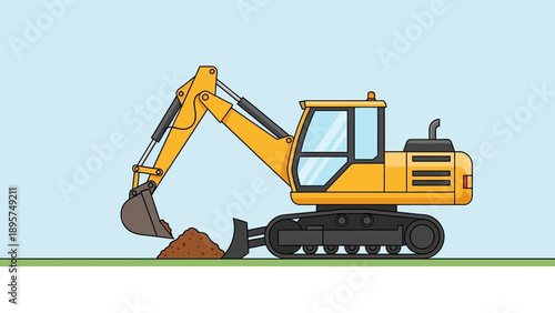 Yellow excavator digging soil on construction site with heavy machinery in action