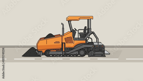 Paver machine laying asphalt on a road construction site, viewed from the side on a clear day.