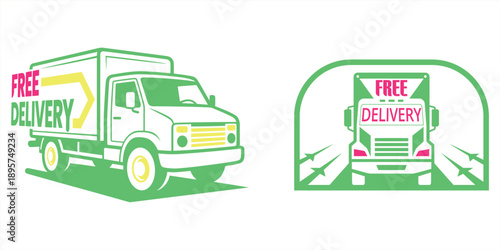 Free delivery typography label with minimal truck icon for fast shipping service vector design set. Online shopping free delivery badge with simple truck symbol vector design. Ecommerce free delivery.