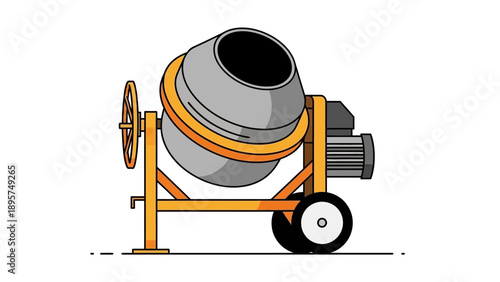 Illustration of a cement mixer on wheels with an orange frame and gray drum viewed from the side