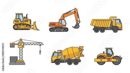 Collection of heavy machinery equipment on construction site viewed from above