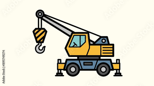Crane truck illustration viewed from the side with a hook lifted high in an industrial setting