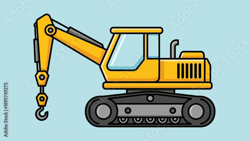 Crane excavator machine operating in construction site environment viewed from side angle
