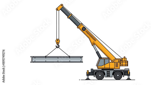 Crane lifting heavy metal beam on construction site with mobile crane vehicle in industrial environment from side viewpoint