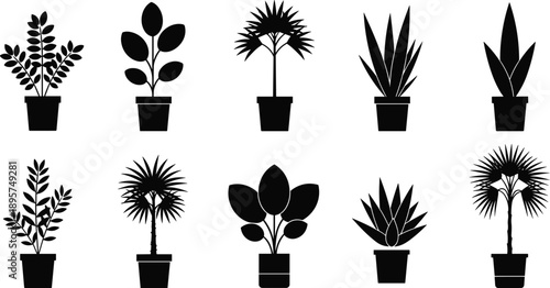 Set of houseplant silhouettes in pots, various indoor plant icons, tropical leaf greenery collection, isolated vector illustration on white background, nature decor,