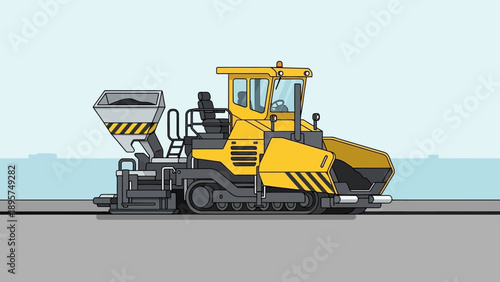 Road construction machinery operating on a highway infrastructure project, viewed from the side in a daytime setting