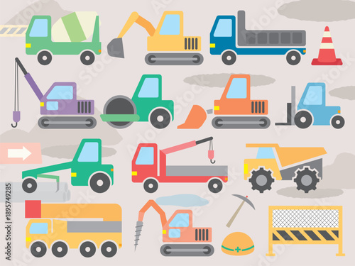 A vibrant collection of cartoon construction vehicles and equipment, including excavators, dump trucks, cranes, and road rollers, depicted in a flat design style.