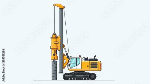Heavy machinery operating a pile driver on a construction site, viewed from the side, in a daytime industrial environment