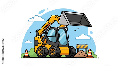 Construction site with a yellow excavator, traffic cones, and a pile of dirt under a blue sky with clouds