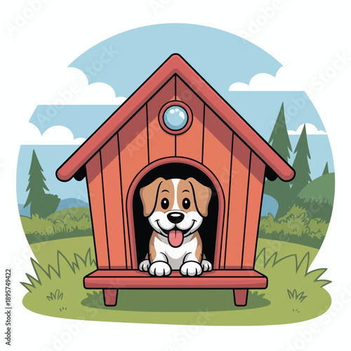 Happy dog sitting inside its cozy doghouse in the yard