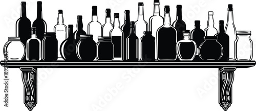 Black and White Silhouette Vector Illustration of Various Glass Bottles and Jars Arranged on a Decorative Wooden Wall Shelf for Kitchen or Bar Decor